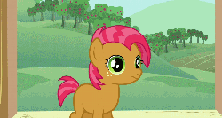Size: 500x266 | Tagged: safe, screencap, babs seed, earth pony, pony, g4, one bad apple, season 3, animated, dolly zoom, eyes, female, forced perspective, male, ping pong