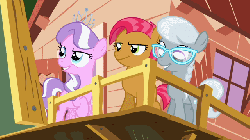Size: 640x360 | Tagged: safe, screencap, babs seed, diamond tiara, silver spoon, earth pony, pony, g4, one bad apple, season 3, animated, blank flank, bump bump sugar lump rump, butt, covering, female, filly, gif, glasses, male, meme origin, plot, tail covering