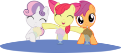 Size: 7000x3056 | Tagged: safe, artist:canon-lb, apple bloom, scootaloo, sweetie belle, earth pony, pegasus, pony, unicorn, g4, one bad apple, ^^, cutie mark crusaders, eyes closed, female, filly, foal, milkshake, simple background, transparent background, vector