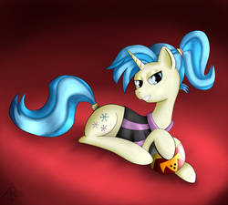 Size: 1500x1350 | Tagged: safe, artist:srk-ares, allie way, pony, unicorn, g4, bowling ball, female, looking at you, lying down, mare, ponytail, smiling, smiling at you, solo, tail wrap