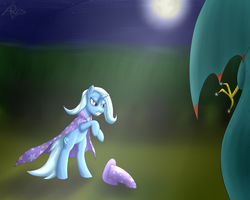 Size: 1750x1400 | Tagged: safe, artist:srk-ares, trixie, cockatrice, pony, unicorn, g4, angry, clothes, female, fight, full moon, hat, mare, moon, moonlight, night, serious, serious face, solo, trixie's hat