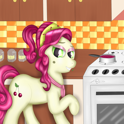 Size: 1500x1500 | Tagged: safe, artist:srk-ares, cherry jubilee, earth pony, pony, g4, cherry jam, eyeshadow, food, jam, jar, kitchen, looking at you, makeup, oven, smiling, smiling at you, solo