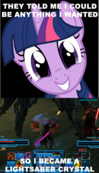 Size: 437x758 | Tagged: safe, twilight sparkle, pony, unicorn, g4, caption, energy weapon, female, grin, hooves, horn, lightsaber, mare, meme, smiling, star wars, star wars: the old republic, they told me, weapon