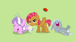Size: 840x470 | Tagged: safe, screencap, babs seed, diamond tiara, silver spoon, earth pony, pony, g4, one bad apple, season 3, animated, female, filly, foal, gif, laughing, milkshake, nose in the air, tomato