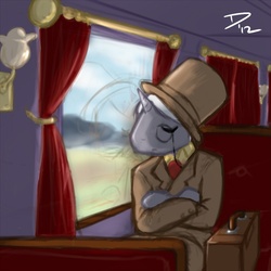 Size: 750x750 | Tagged: safe, artist:atticus83, caesar, count caesar, anthro, g4, 2012, crossed arms, eyes closed, hat, male, race swap, stallion, suitcase, top hat, train, unicorn count caesar