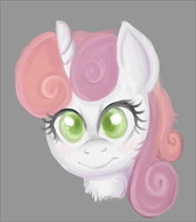 Size: 300x339 | Tagged: safe, artist:lulubell, sweetie belle, pony, unicorn, g4, bust, colored pupils, female, gray background, simple background, solo