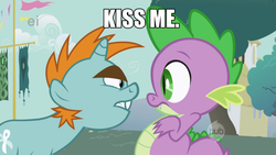 Size: 900x506 | Tagged: safe, edit, snips, spike, dragon, pony, unicorn, g4, caption, duo, ei, frown, gay, hub logo, image macro, impact font, kiss me, male, meme, ship:spips, shipping, standing