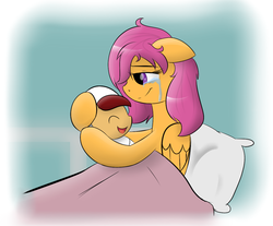 Size: 1252x1035 | Tagged: safe, artist:tails-doll-lover, scootaloo, oc, oc:lightning blitz, pony, ask pregnant scootaloo, g4, ask, baby, baby pony, colt, crying, female, foal, holding a pony, male, mother and child, mother and son, newborn, offspring, parent:catcherloo, parent:rain catcher, parent:scootaloo, parents:catcherloo, pregnant, pregnant scootaloo, tears of joy