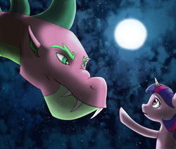 Size: 2000x1698 | Tagged: safe, artist:scrumpychumpy, spike, twilight sparkle, dragon, pony, unicorn, g4, adult spike, dreamworks, duo, female, full moon, how to train your dragon, mare, moon, night, older, parody, spikezilla, unicorn twilight