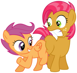 Size: 9091x8590 | Tagged: safe, artist:floppychiptunes, babs seed, scootaloo, earth pony, pegasus, pony, g4, one bad apple, absurd resolution, blank flank, butt bump, butt to butt, butt touch, duo, female, filly, simple background, transparent background, vector
