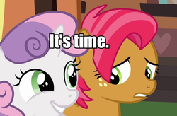 Size: 825x540 | Tagged: safe, edit, edited screencap, screencap, babs seed, sweetie belle, g4, one bad apple, caption, image macro, out of context