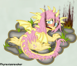 Size: 1533x1317 | Tagged: safe, artist:phyrexianrevoker, fluttershy, dragon, g4, crying, dragoness, dragonified, female, flutterdragon, pony to dragon, post-transformation, solo, story included