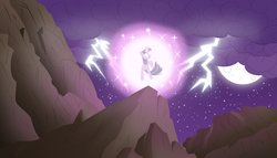 Size: 7359x4208 | Tagged: safe, artist:psyxofthoros, twilight sparkle, g4, absurd resolution, glowing eyes, glowing horn, horn, levitation, magic, magic overload, mountain, solo, telekinesis, thunderstorm