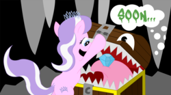 Size: 1080x600 | Tagged: safe, artist:philith, diamond tiara, mimic, pony, g4, butt, cave, dragon quest (game), female, filly, foal, gem, imminent vore, it's a trap, plot, this will end in death, this will end in tears, this will end in tears and/or death, thought bubble