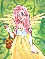 Size: 542x698 | Tagged: safe, artist:mimby-rabbit, fluttershy, human, g4, clothes, dress, humanized, solo, winged humanization