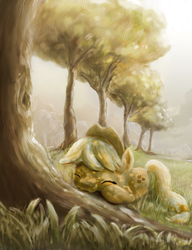 Size: 3843x5000 | Tagged: safe, artist:scrumpychumpy, applejack, earth pony, pony, g4, female, sleeping, solo, tree