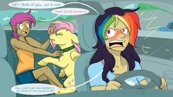 Size: 1503x842 | Tagged: safe, artist:cartoonlion, fluttershy, rainbow dash, scootaloo, oc, oc:futashy, human, pegasus, pony, futaverse, g4, car, clothes, female, fight, humanized, intersex, mare, tank top, trio