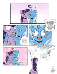 Size: 1000x1294 | Tagged: safe, artist:darkstarchan, trixie, twilight sparkle, pony, unicorn, g4, blushing, comic, duo, female, kiss on the lips, kissing, lesbian, mare, mixed signals, nuzzling, ship:twixie, shipping, surprise kiss, the great and powerful countdown