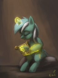 Size: 684x912 | Tagged: safe, artist:grissaecrim, lyra heartstrings, pony, g4, eyes closed, female, hand, lyre, magic, magic hands, musical instrument, sitting, solo