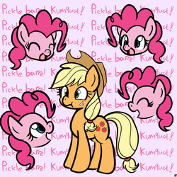 Size: 900x900 | Tagged: safe, artist:datahmedz, applejack, pinkie pie, g4, :t, cowboy hat, cross-eyed, eyes closed, female, hat, open mouth, pickle barrel kumquat, scene interpretation, smiling, standing, stetson, talkative