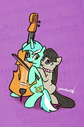 Size: 640x960 | Tagged: safe, artist:ponchuzn, lyra heartstrings, octavia melody, g4, cello, female, lesbian, musical instrument, ship:octyra, shipping