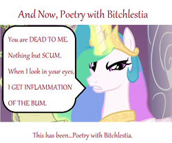 Size: 640x530 | Tagged: safe, princess celestia, g4, bitchlestia, colin mochrie, image macro, poetry, text, whose line is it anyway