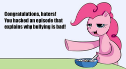 Size: 579x320 | Tagged: safe, pinkie pie, g4, cereal guy, irony, meta