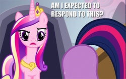 Size: 560x352 | Tagged: safe, edit, edited screencap, screencap, queen chrysalis, twilight sparkle, alicorn, pony, a canterlot wedding, g4, ass up, butt, caption, dialogue, fake cadance, female, mare, plot