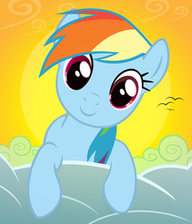 Size: 6000x7000 | Tagged: safe, artist:caliazian, rainbow dash, bird, pegasus, pony, g4, the ticket master, .ai available, .svg available, absurd resolution, cloud, female, inspired, looking at you, morning, solo, sun, vector