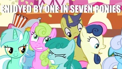 Size: 1000x564 | Tagged: safe, edit, edited screencap, screencap, bon bon, comet tail, daisy, flower wishes, linky, lyra heartstrings, shoeshine, spring melody, sprinkle medley, sweetie drops, earth pony, pony, unicorn, g4, one bad apple, caption, female, image macro, male, mare, stallion, text