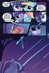 Size: 720x1080 | Tagged: safe, artist:tswt, rainbow dash, rarity, twilight sparkle, pegasus, pony, unicorn, comic:friendship update, g4, book, canterlot, comic, female, hug, mare, night