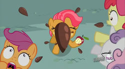 Size: 1280x711 | Tagged: safe, screencap, apple bloom, babs seed, scootaloo, sweetie belle, earth pony, pony, g4, one bad apple, apple, female, filly, food