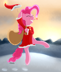 Size: 1637x1927 | Tagged: safe, artist:cheshiresdesires, pinkie pie, earth pony, pony, g4, clothes, hat, santa costume, santa hat, snow, winter