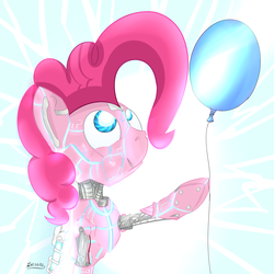 Size: 2000x2000 | Tagged: safe, artist:cheshiresdesires, pinkie pie, pony, robot, robot pony, g4, aperture science, balloon, female, pinkie bot, portal (valve), solo