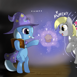 Size: 1260x1260 | Tagged: safe, artist:hoyeechun, derpy hooves, pinkie pie, trixie, pony, g4, book, fourth wall, grin, happy, heart, magic, muffin, stage