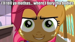 Size: 640x358 | Tagged: safe, edit, edited screencap, screencap, babs seed, pony, g4, one bad apple, caption, female, filly, foal, implied murder, looking at you, reaction image, scary, stare