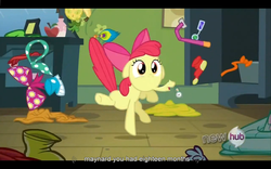 Size: 1024x640 | Tagged: safe, screencap, apple bloom, earth pony, pony, g4, one bad apple, animation error, youtube caption