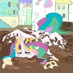 Size: 900x900 | Tagged: safe, artist:chiapetofdoom, princess celestia, pony, g4, female, happy, mud, solo