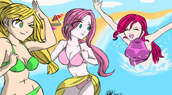 Size: 1365x761 | Tagged: safe, artist:abbeyroyale, applejack, fluttershy, pinkie pie, human, g4, beach, belly button, bikini, cleavage, clothes, female, humanized, swimming, swimsuit, trio