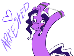 Size: 800x600 | Tagged: safe, oc, oc only, oc:purple tinker, pony, unicorn, bipedal, cuffs, female, simple background, solo, white background