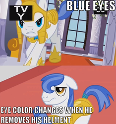 Size: 731x780 | Tagged: safe, edit, edited screencap, screencap, earth pony, pony, g4, season 3, the crystal empire, animation error, blue eyes, brown eyes, earth pony royal guard, image macro, male, royal guard, solo, stallion