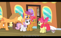 Size: 1024x640 | Tagged: safe, edited screencap, screencap, apple bloom, applejack, babs seed, scootaloo, sweetie belle, pegasus, pony, unicorn, g4, one bad apple, butt, caption, female, filly, foal, horn, plot, youtube caption