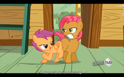 Size: 1024x640 | Tagged: safe, screencap, babs seed, scootaloo, g4, one bad apple, butt bump, butt to butt, butt touch, youtube caption