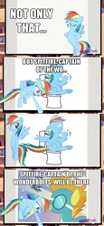 Size: 500x1090 | Tagged: safe, rainbow dash, spitfire, g4, but why, constipated, exploitable meme, hub logo, meme, my life is ruined, rainbow dash's slideshow, sitting on toilet, toilet