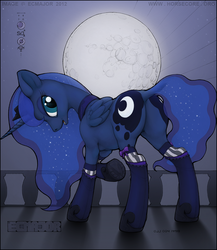 Size: 1254x1444 | Tagged: safe, alternate version, artist:ecmajor, princess luna, alicorn, pony, g4, butt, clothes, dock, female, mare, moon, moonbutt, night, plot, solo, stockings, underhoof