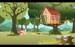 Size: 1024x640 | Tagged: safe, edited screencap, screencap, apple bloom, scootaloo, sweetie belle, g4, one bad apple, caption, youtube caption