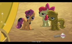 Size: 1024x640 | Tagged: safe, edited screencap, screencap, apple bloom, scootaloo, sweetie belle, g4, one bad apple, caption, dirty, hub logo, sweetie gold, youtube caption