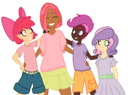 Size: 1217x905 | Tagged: safe, artist:robynne, apple bloom, babs seed, scootaloo, sweetie belle, human, g4, one bad apple, dark skin, humanized, simple background, transparent background