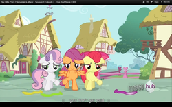 Size: 1024x640 | Tagged: dead source, safe, edited screencap, screencap, apple bloom, scootaloo, sweetie belle, g4, one bad apple, caption, youtube caption
