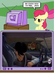 Size: 876x1200 | Tagged: safe, apple bloom, earth pony, pony, g4, bully, exploitable meme, hub logo, jack darby, meme, smokescreen, transformers, tv meme, vince